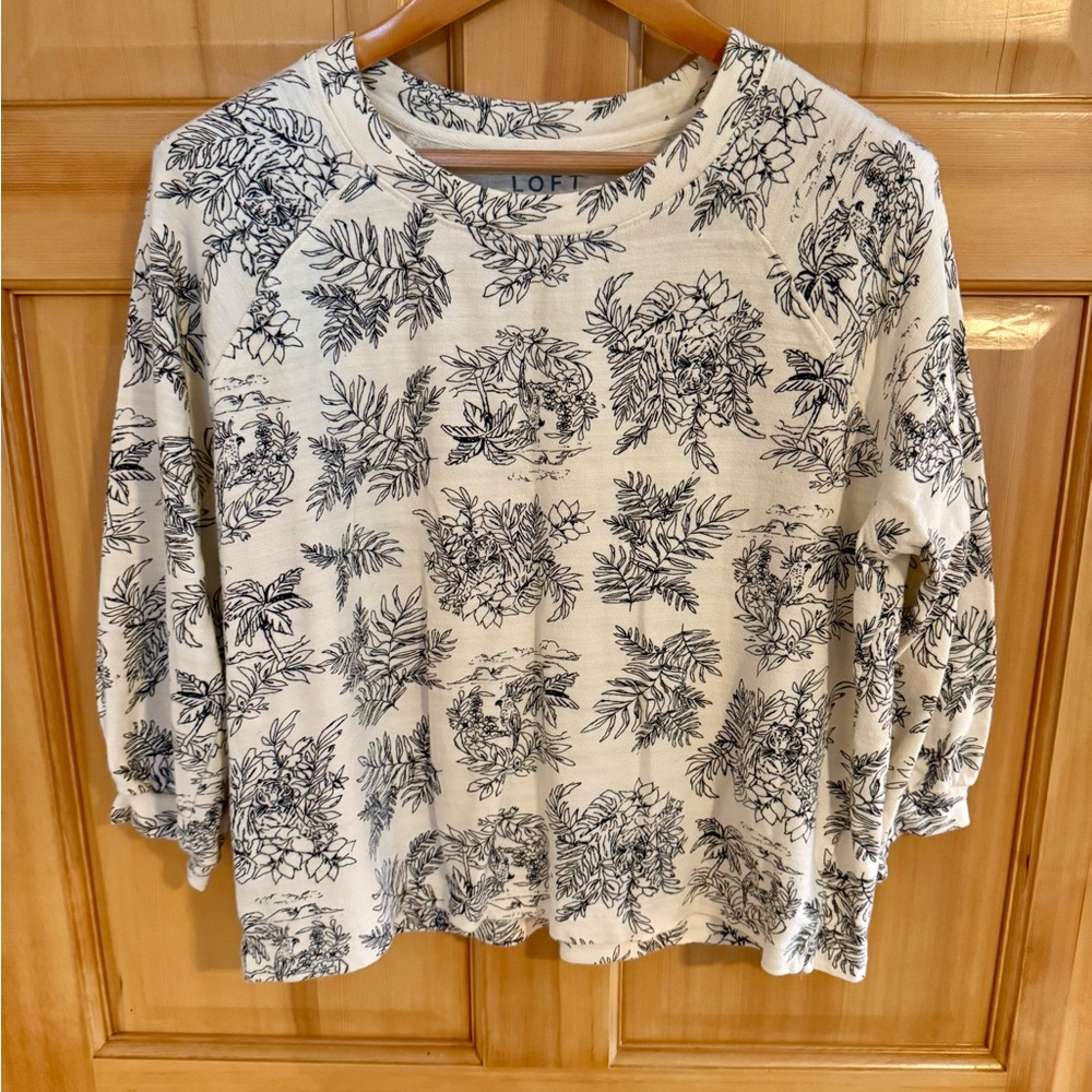 LOFT Cotton Cream and Black Floral Top